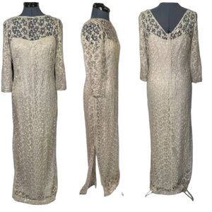 Kay Unger size 12 cream lined lace formal maxi dress with AB sequin detail